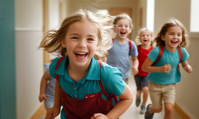 Children Running in School Hallway