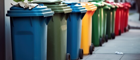 Row of recycle bins on the street. Garbage separation concept. Colorful recycle bins in the public park. Selective focus. Recycling bins in the city. Separate waste collection. - obrazy, fototapety, plakaty