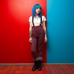 Woman with blue hair standing on a red and blue background