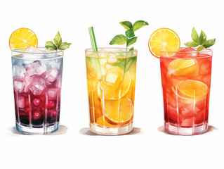 Watercolor summer beverages cocktails  with ice on white