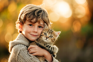 A little boy holds a small cat in his arms