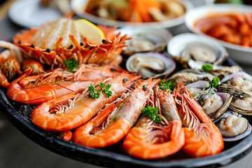 A tray of various seafood dishes