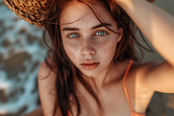 Close up photo of beautiful young woman in bikini siling outdoors at beach and looking at camera