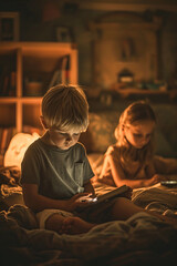 Kids With Tablet In A Dark Room