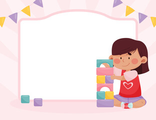 Cute Girl Kid Play Block Toy in Playroom Empty Card Vector Template