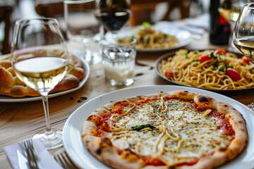 Pizza and pasta on a table in an Italian restaurant