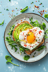 Toast with ricotta cheese, avocado and a poached egg on blue background