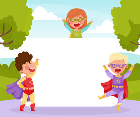 Cute Superhero Kids Wearing Cloak Empty Card Vector Template