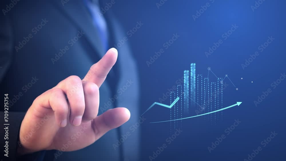 Poster growing graphs and charts on blue background with digital man with index finger raised. collage with