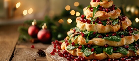 Puff pastry Christmas tree adorned with spinach and pomegranates.