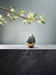 Elegant Easter interior decoration with an ornate egg and a blooming jasmine branch. Olive green,...