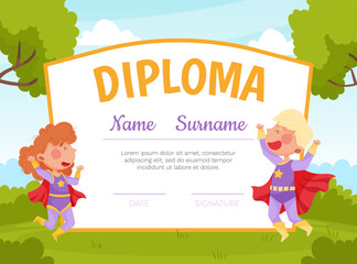 Cute Superhero Kids Wearing Cloak Diploma Vector Template