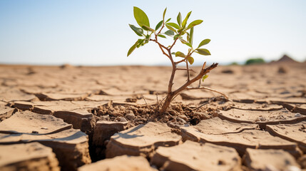 Small green plant in hot desert. Concept of a global warming in the world and a survival