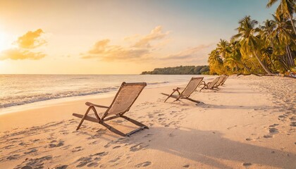 Beautiful beach. Chairs on the sandy beach near the sea. Summer vacation and vacation concept for tourism. - obrazy, fototapety, plakaty