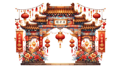 Watercolor traditional Chinese monumental arch with red lanterns and flowers isolated on transparent background.