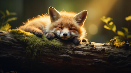 Portrait of red baby fox sleeping on a log in wild, golden hour