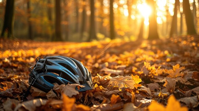 A bicycle helmet rests on the forest floor amidst fallen autumn leaves, with the warm, soft light of the setting sun filtering through the trees in the background