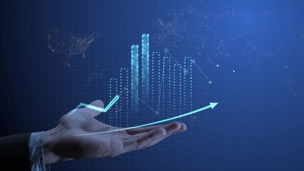 Cg Footage with hand moving graphs and charts on blue background with glowing world map