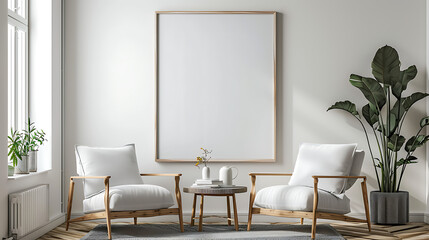 Two armchairs in room with white wall and big frame poster on it. Scandinavian style interior design of modern living room