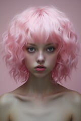 Fototapeta premium portrait of a woman with bag under one’s eyes and pink hair 