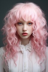 portrait of a woman with bag under one’s eyes and pink hair
