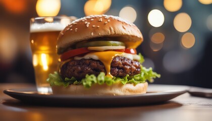 Juicy cheeseburger meal with cold beer in ambient setting
