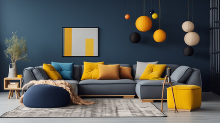 Scandinavian home interior design of modern living room. Round coffee table near blue sofa. Wooden shelf with home decor and houseplant against blue wall with copy space. Scandinavian home interior