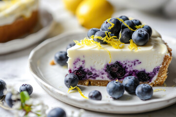Lemon blueberry creamy cheesecake topped with lemon zest and fresh blueberries.