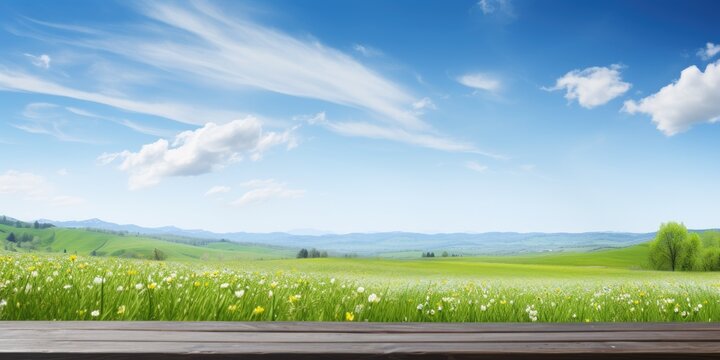 Spring scenery with a grassy table under the sky.