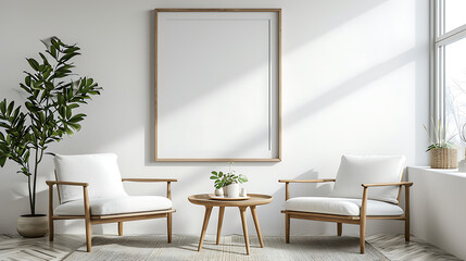 Two armchairs in room with white wall and big frame poster on it. Scandinavian style interior design of modern living room