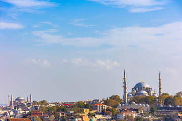 Fototapeta na wymiar Istanbul background photo. Hagia Sophia and Suleymaniye Mosque view