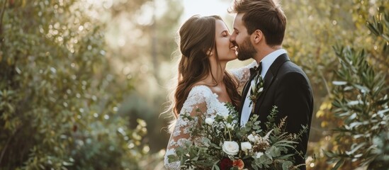 Romantic connection and commitment are celebrated as a couple kisses, smiles, and laughs amidst nature at a wedding ceremony. - obrazy, fototapety, plakaty