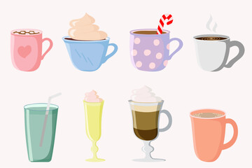 Set of cups and drinks, different types of cups and glasses, vector design