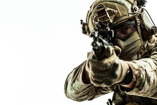 soldier is holding a weapon on white background