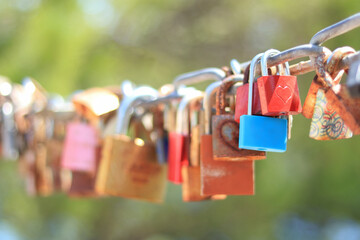 Makarska Croatia. Line of Love padlocks hanging on a chain. Love locks. Wedding locks. Symbol of...