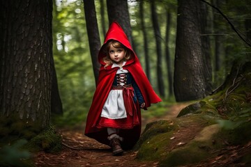 Young Girl in Red Cape Exploring Enchanting Forest Pathway - obrazy, fototapety, plakaty