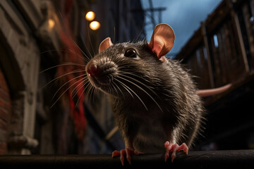 Wild rat in a dark alley. Night city in the background