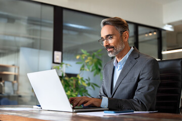 Mature Indian or Latin business man ceo trader using computer, typing, working in modern office,...