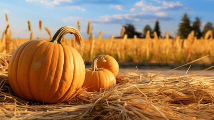 Hyper realistic pumpkins on hay bales, fall aessthetic panorama created with Generative Ai