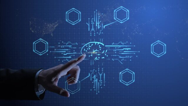 The hand places a point of light on the world map, from which an artificial intelligence microchip emerges with a schematic human brain inside. Cg