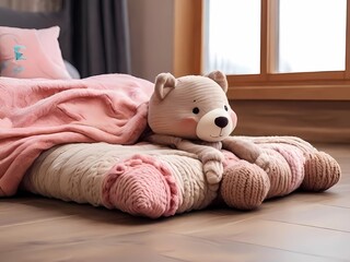 Blankets with a pillow and a wonderful children's toy. The room's floor is wooden
