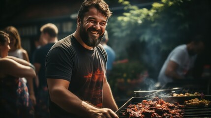 Bearded man is grilling meat on barbecue grill at summer party - obrazy, fototapety, plakaty