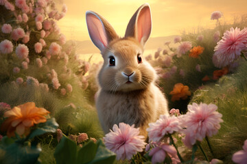 Fototapeta na wymiar A tiny rabbit frolicking in a meadow adorned with vibrant spring flowers