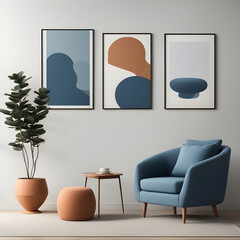 Blue sofa and terra cotta lounge chair against wall with two art posters 