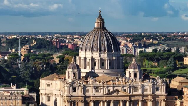 Aerial view of St. Peter's Cathedral, Rome, Italy. Beautiful cathedral with a dome in the Vatican on the background of the city. landscape of the old city. High quality 4k footage