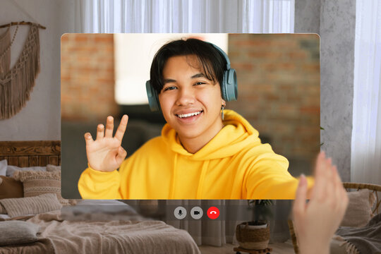 Pov screen of asian teen guy having video call indoors - Powered by Adobe