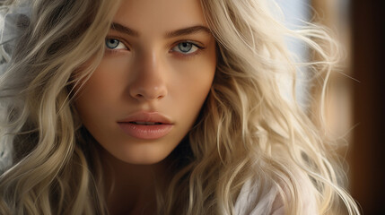 Naklejka premium Close-up portrait of young elegant blonde woman with blue color eyes