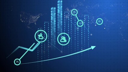 CG Footage with graphs and diagrams on the background of icons with symbolic human connections with a flying map of the world