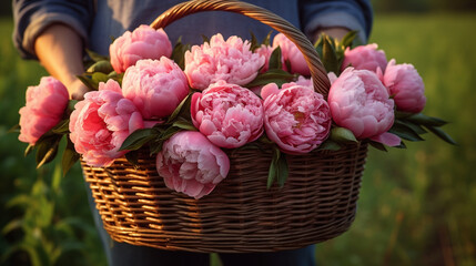 Wooden basket with hyper realistic beautiful king size pink blossoming peony flowers in the hands of a farmer created with Generative Ai