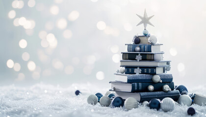 Christmas tree made from a blue books with christmas ornament 
